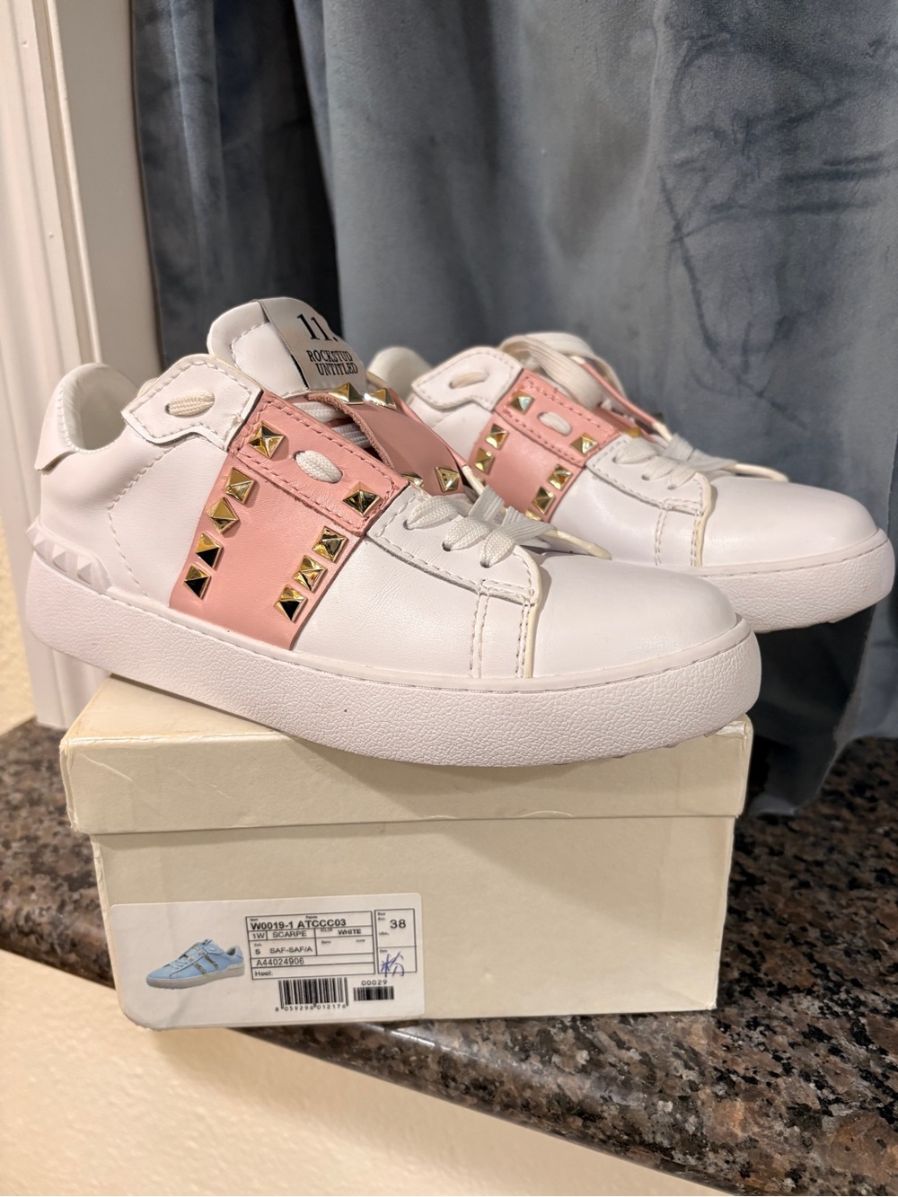 Valentino Garavani White Leather Sneakers with Pink Stud Straps